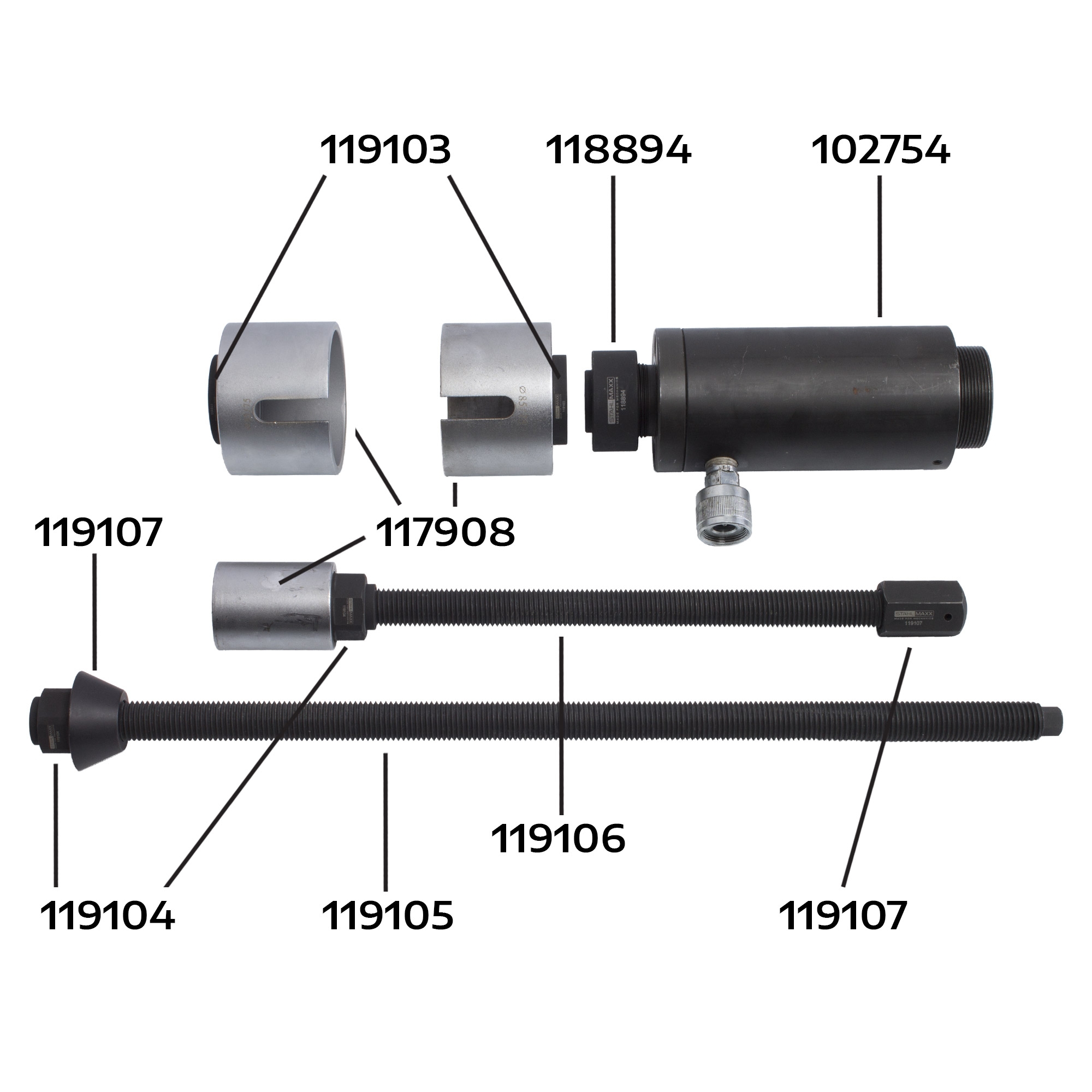 Großer Werkzeugsatz für Hydraulikzylinder, Art.-Nr. 102754, 8-tlg.