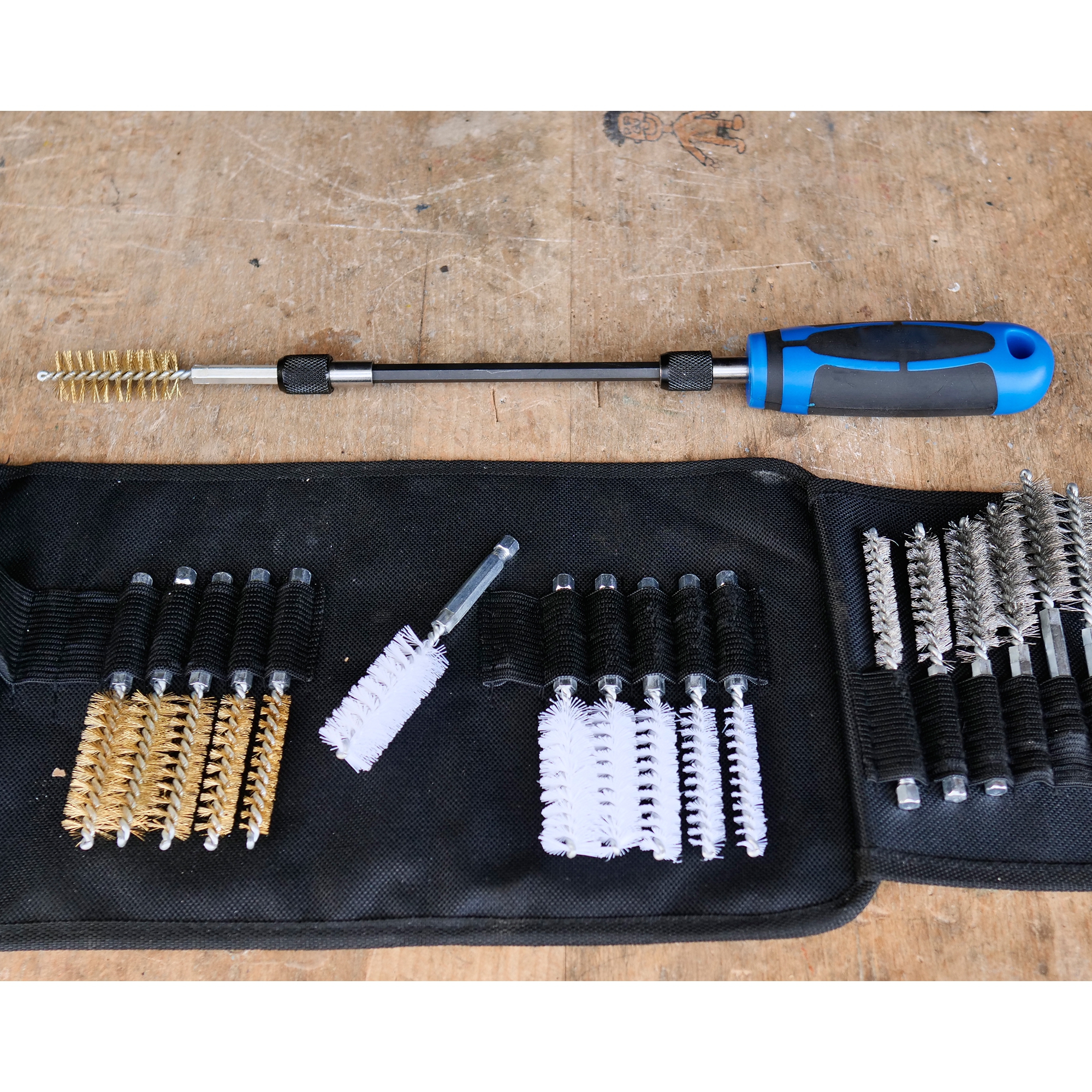 Rundbürsten-Sortiment 9 bis 19 mm mit Messingbürsten, Nylonbürsten, Stahlbürsten